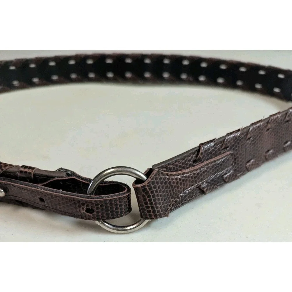 Vintage 90s Brown Lizard Embossed Braided Belt Silver O-Ring Buckle Reptile